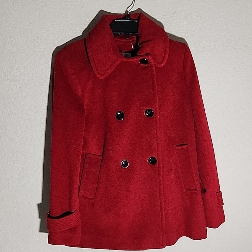Calvin Klein Premium Pea Coat Size 4 Burgundy Wool Blend Long Line